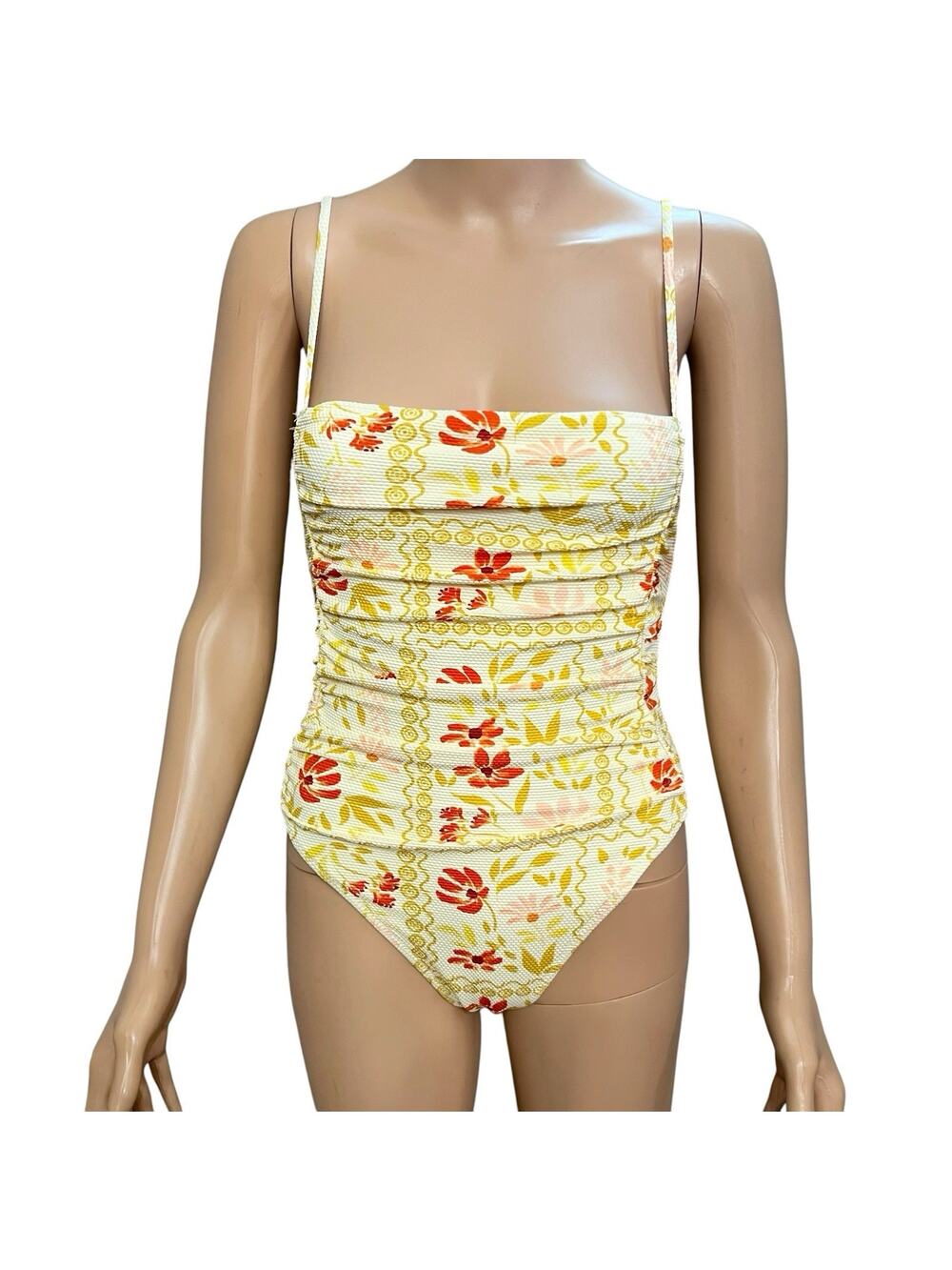 Rhythm Wildflower One Piece Swimsuit XS/2 Ruched Cheeky High Cut Floral White